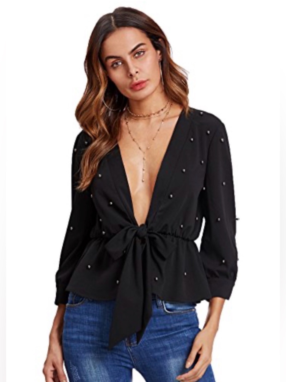 Dodo Bar Or Deep Plunge Silk Top Silver Beads Black 44